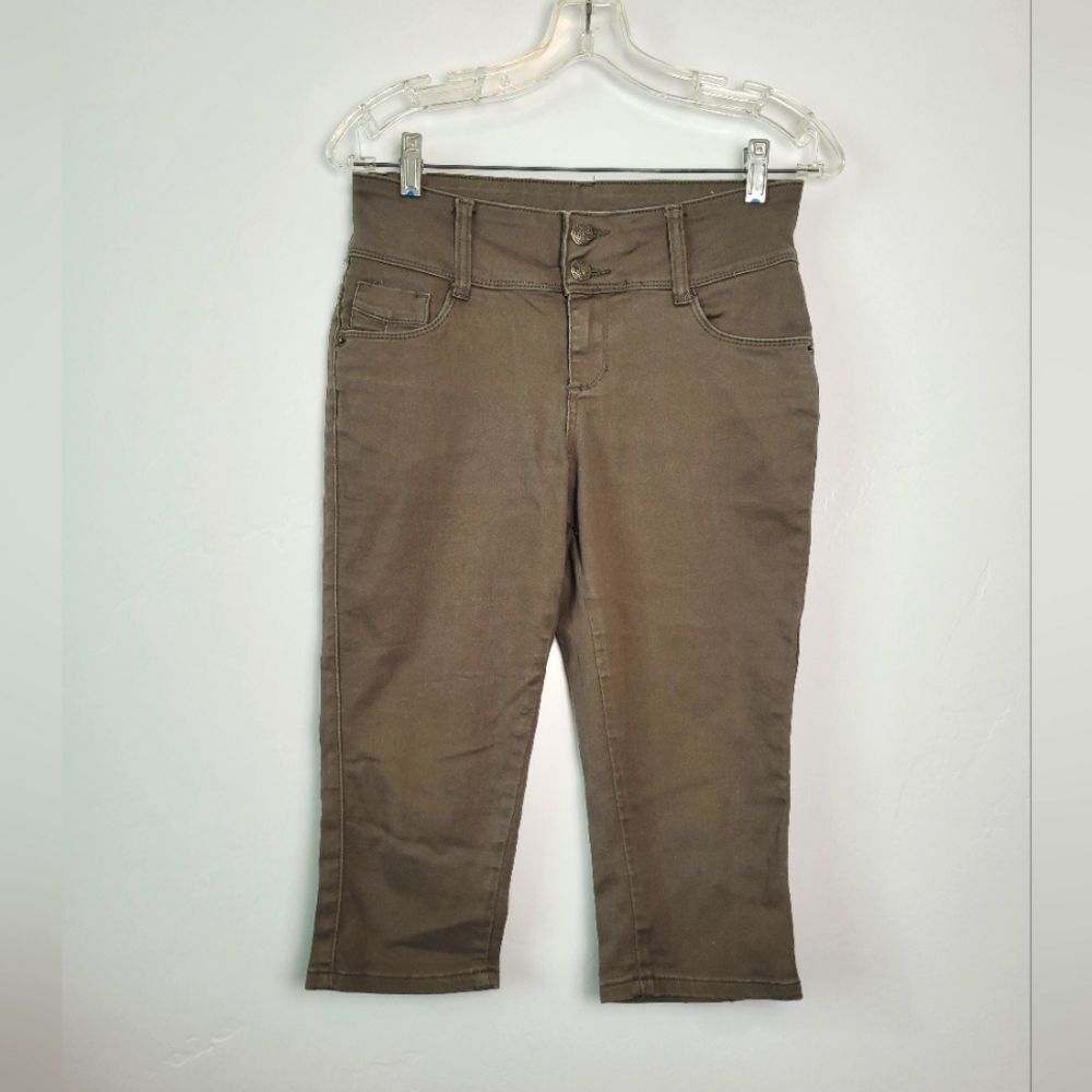 Hybrid & Co Capri Cropped Pants Olive Green Stretchy Wide Waistband Casual 7